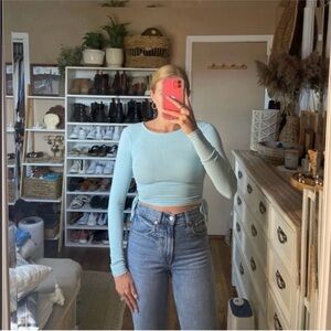 Princess Polly baby blue ribbed long sleeve runched side crop top